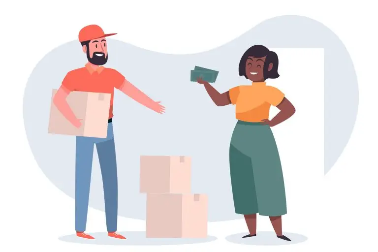 Illustration of a delivery person with a parcel.